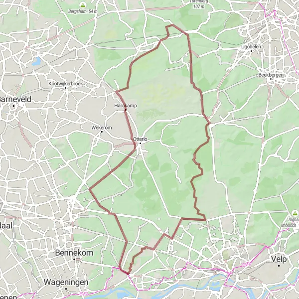Map miniature of "Picturesque Gravel Route near Heelsum" cycling inspiration in Gelderland, Netherlands. Generated by Tarmacs.app cycling route planner