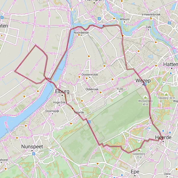 Map miniature of "Exploring Heerde's Gravel Roads" cycling inspiration in Gelderland, Netherlands. Generated by Tarmacs.app cycling route planner