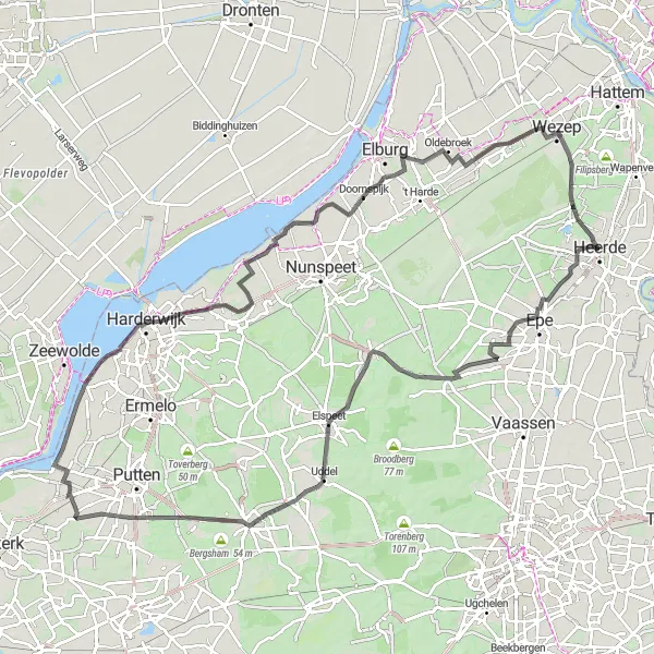 Map miniature of "Vierhouten and Sprielderbos Road Cycling Route" cycling inspiration in Gelderland, Netherlands. Generated by Tarmacs.app cycling route planner