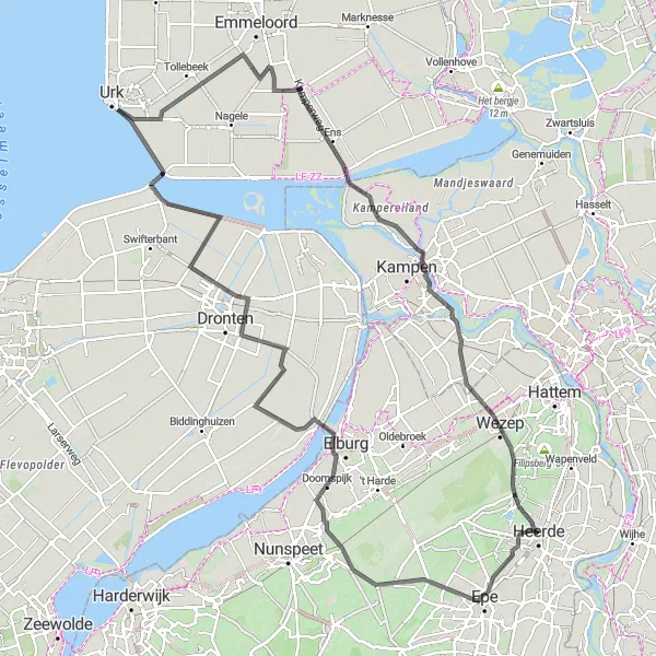 Map miniature of "Epe and Doornspijk Road Cycling Route" cycling inspiration in Gelderland, Netherlands. Generated by Tarmacs.app cycling route planner