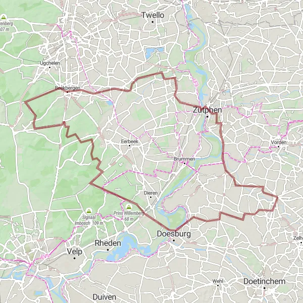 Map miniature of "Gravel Adventure: Doesburg to Zutphen" cycling inspiration in Gelderland, Netherlands. Generated by Tarmacs.app cycling route planner