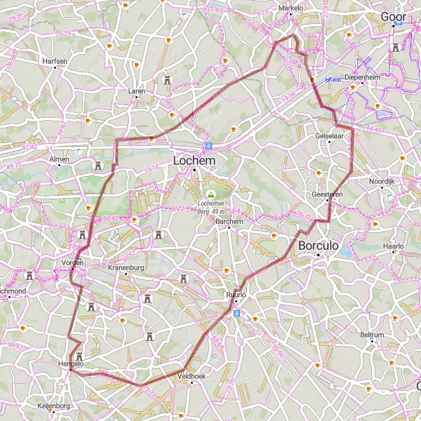 Map miniature of "Along the Pieterpad" cycling inspiration in Gelderland, Netherlands. Generated by Tarmacs.app cycling route planner