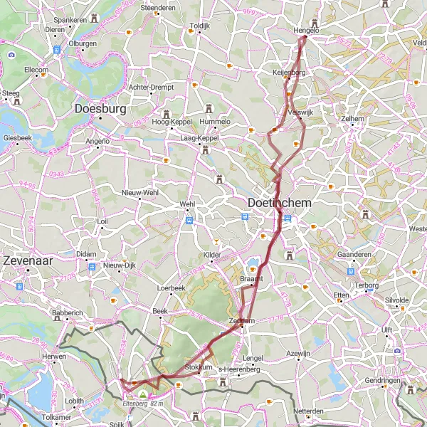 Map miniature of "The Flaneersteiger Adventure" cycling inspiration in Gelderland, Netherlands. Generated by Tarmacs.app cycling route planner