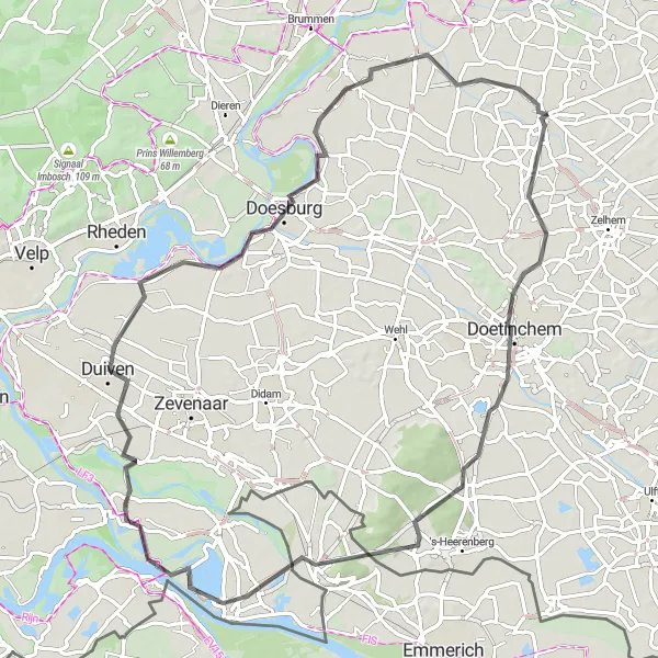 Miniatuurkaart van de fietsinspiratie "Montferland Motte en Oude Rijn Fietstocht" in Gelderland, Netherlands. Gemaakt door de Tarmacs.app fietsrouteplanner
