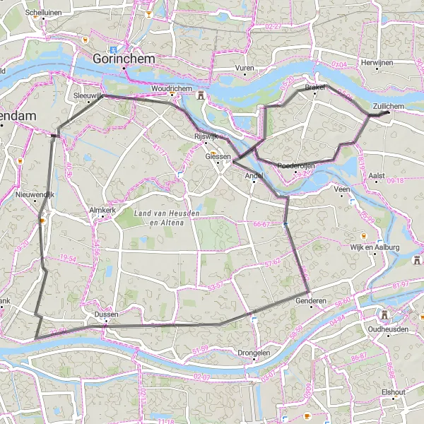 Map miniature of "Poederoijen Route" cycling inspiration in Gelderland, Netherlands. Generated by Tarmacs.app cycling route planner