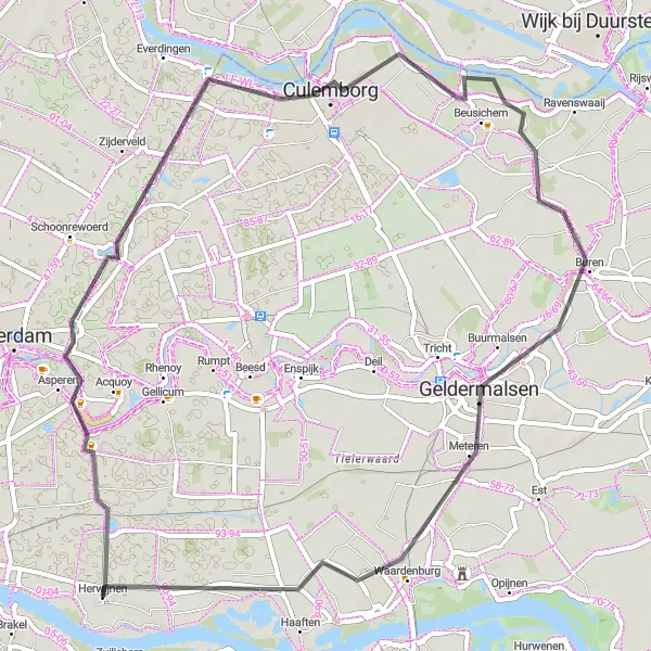 Miniatuurkaart van de fietsinspiratie "Kastelenroute van Diefdijk naar Hellouw" in Gelderland, Netherlands. Gemaakt door de Tarmacs.app fietsrouteplanner