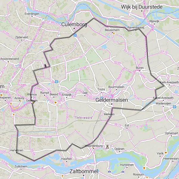 Map miniature of "Rhenoy Exploration" cycling inspiration in Gelderland, Netherlands. Generated by Tarmacs.app cycling route planner