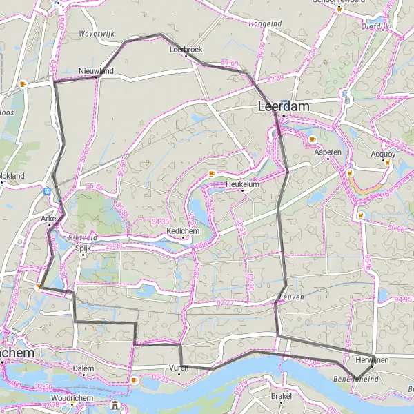 Map miniature of "Herwijnen Loop" cycling inspiration in Gelderland, Netherlands. Generated by Tarmacs.app cycling route planner