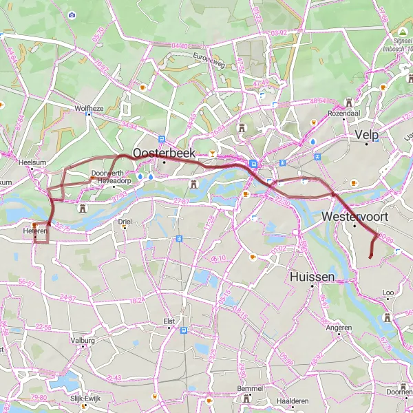 Map miniature of "Around Heteren: Kievitsdel to Heteren" cycling inspiration in Gelderland, Netherlands. Generated by Tarmacs.app cycling route planner