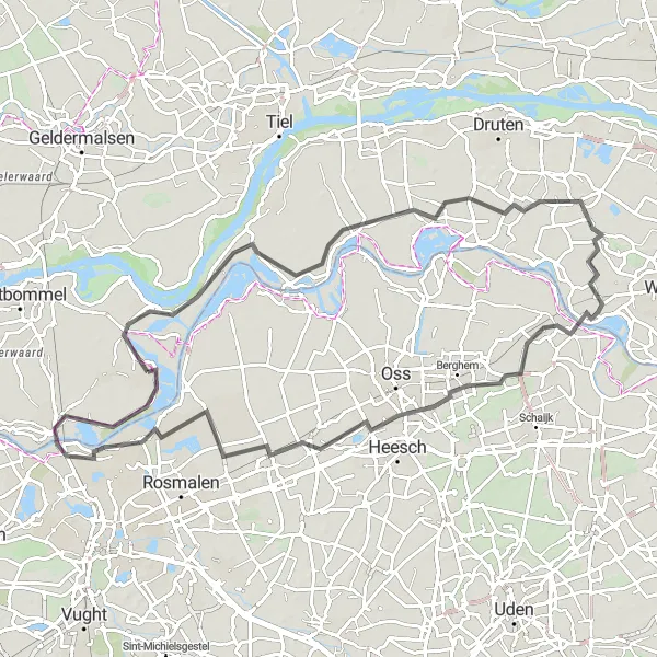 Map miniature of "Exploring Rossum and Geffen" cycling inspiration in Gelderland, Netherlands. Generated by Tarmacs.app cycling route planner