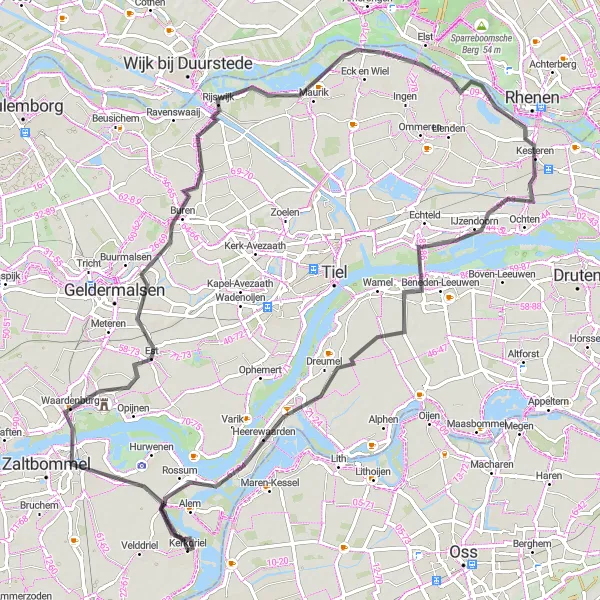 Map miniature of "Kerkdriel to Heerewaarden: a Scenic Journey" cycling inspiration in Gelderland, Netherlands. Generated by Tarmacs.app cycling route planner