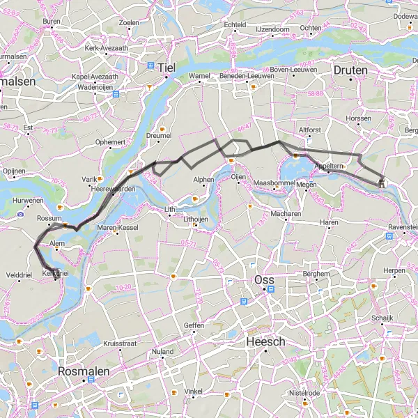 Map miniature of "Enchanting Heerewaarden and Appeltern" cycling inspiration in Gelderland, Netherlands. Generated by Tarmacs.app cycling route planner