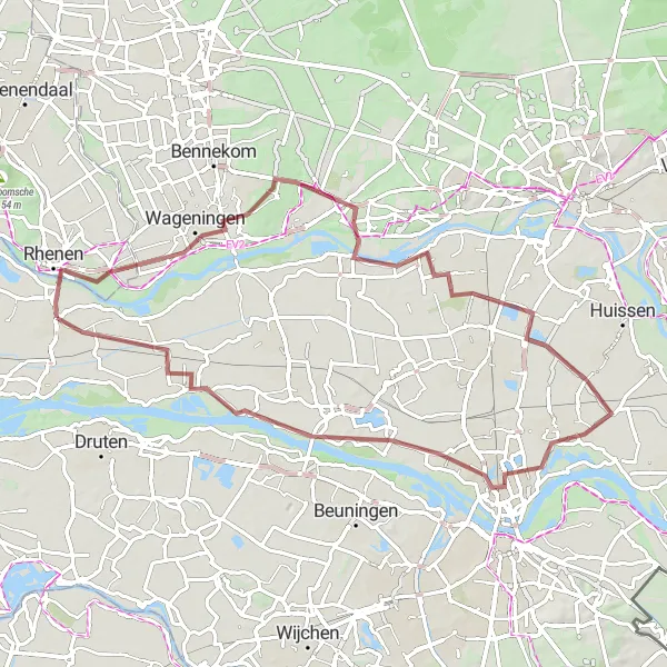 Miniatuurkaart van de fietsinspiratie "Grebbeberg en Betuwe Graveltocht" in Gelderland, Netherlands. Gemaakt door de Tarmacs.app fietsrouteplanner