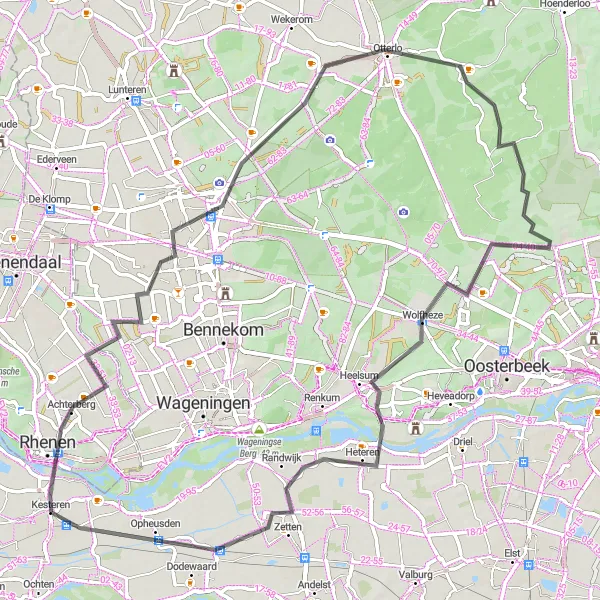 Map miniature of "Road Ride through the Gelderland Region" cycling inspiration in Gelderland, Netherlands. Generated by Tarmacs.app cycling route planner