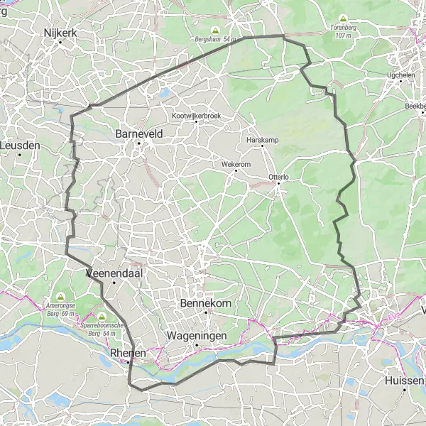 Map miniature of "Kesteren to Cuneraheuvel and Back" cycling inspiration in Gelderland, Netherlands. Generated by Tarmacs.app cycling route planner