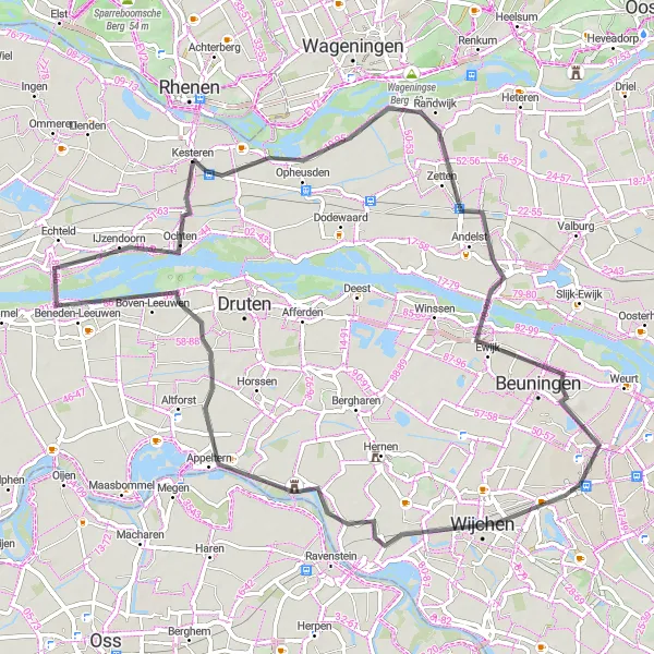 Miniatuurkaart van de fietsinspiratie "Betuwe Kastelen en Rivierenroute" in Gelderland, Netherlands. Gemaakt door de Tarmacs.app fietsrouteplanner