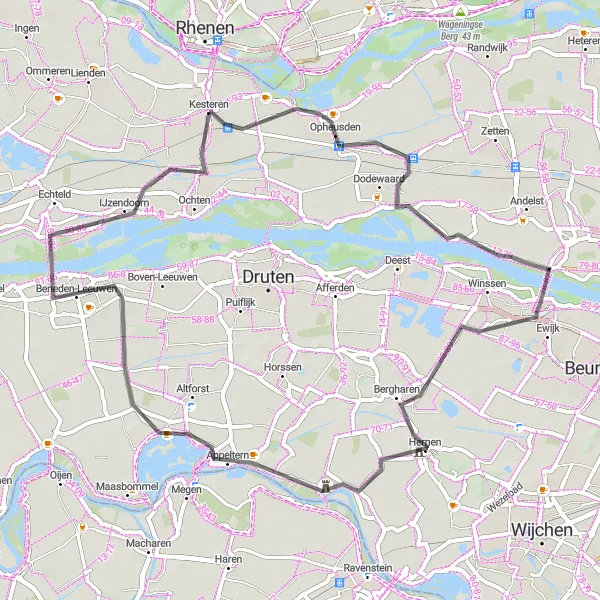 Miniatuurkaart van de fietsinspiratie "Rivierenroute door de Betuwe" in Gelderland, Netherlands. Gemaakt door de Tarmacs.app fietsrouteplanner