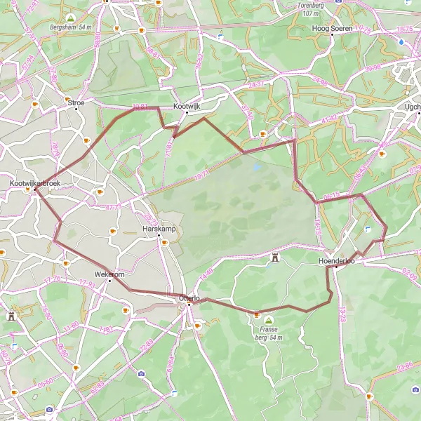 Map miniature of "Kootwijk Gravel Adventure" cycling inspiration in Gelderland, Netherlands. Generated by Tarmacs.app cycling route planner