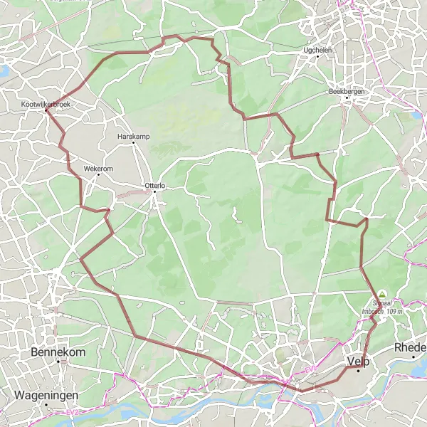 Map miniature of "Radio Kootwijk and Arnhem Adventure" cycling inspiration in Gelderland, Netherlands. Generated by Tarmacs.app cycling route planner