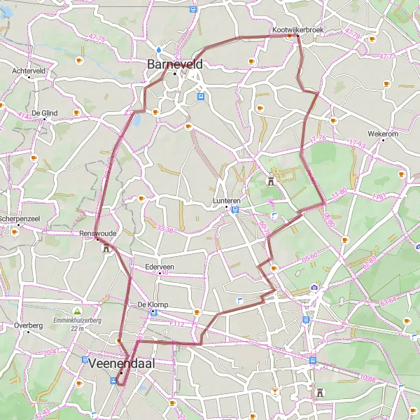 Miniatuurkaart van de fietsinspiratie "Rondje Door Veluwe en Betuwe" in Gelderland, Netherlands. Gemaakt door de Tarmacs.app fietsrouteplanner