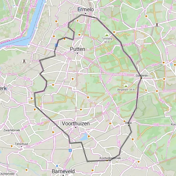 Map miniature of "Toverberg and Garderen Road Cycling Route" cycling inspiration in Gelderland, Netherlands. Generated by Tarmacs.app cycling route planner