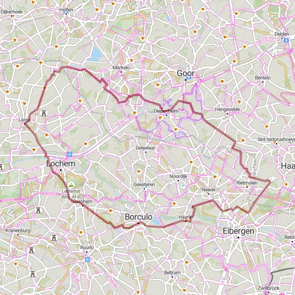 Miniatuurkaart van de fietsinspiratie "Gravelroute Door Laren en Diepenheim" in Gelderland, Netherlands. Gemaakt door de Tarmacs.app fietsrouteplanner
