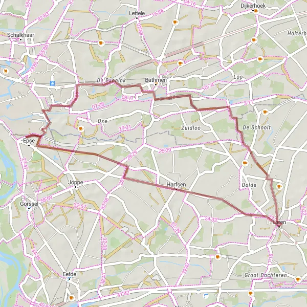 Map miniature of "Gravel Adventure in the Gelderland Countryside" cycling inspiration in Gelderland, Netherlands. Generated by Tarmacs.app cycling route planner