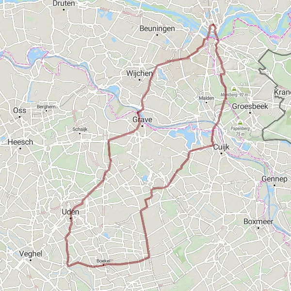 Map miniature of "Lent to Zeeland Loop" cycling inspiration in Gelderland, Netherlands. Generated by Tarmacs.app cycling route planner