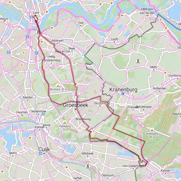 Miniatuurkaart van de fietsinspiratie "Gravelroute Lent - Mook" in Gelderland, Netherlands. Gemaakt door de Tarmacs.app fietsrouteplanner
