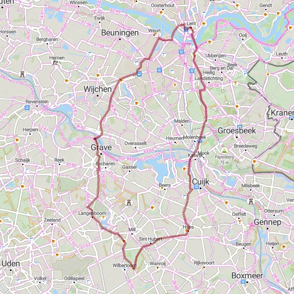 Miniatuurkaart van de fietsinspiratie "Graveltocht langs Mookerschans en Vianen" in Gelderland, Netherlands. Gemaakt door de Tarmacs.app fietsrouteplanner