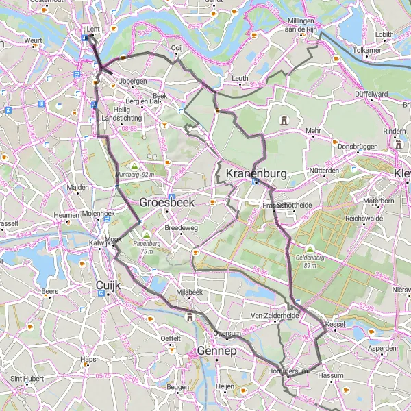 Map miniature of "Lent to Zyfflich Scenic Route" cycling inspiration in Gelderland, Netherlands. Generated by Tarmacs.app cycling route planner