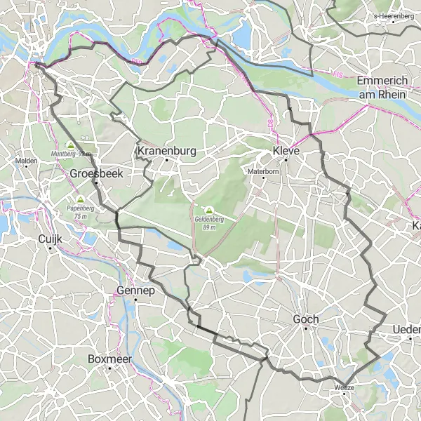 Miniatuurkaart van de fietsinspiratie "Wegroute Lent - Dekkerswald" in Gelderland, Netherlands. Gemaakt door de Tarmacs.app fietsrouteplanner