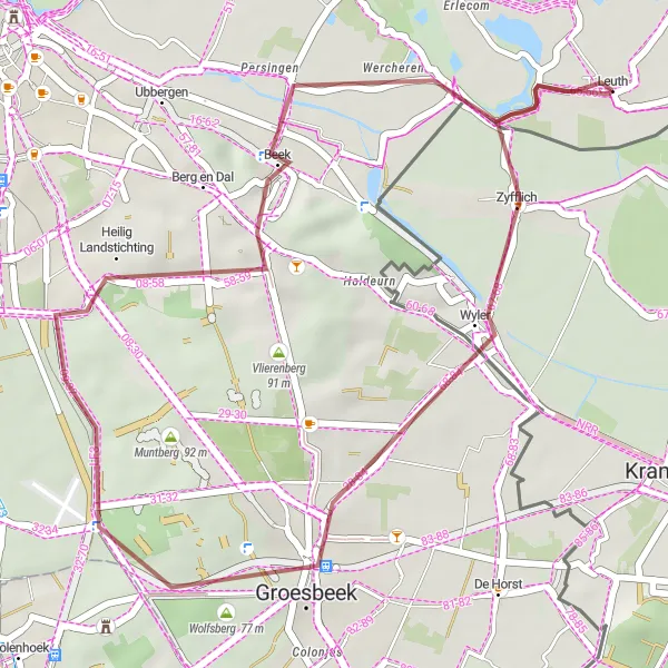Miniatuurkaart van de fietsinspiratie "Gravel route rond Groesbeek en Beek" in Gelderland, Netherlands. Gemaakt door de Tarmacs.app fietsrouteplanner