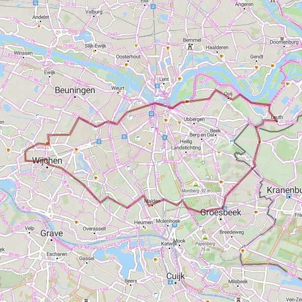 Miniatuurkaart van de fietsinspiratie "Avontuurlijke graveltocht door Nijmegen en omgeving" in Gelderland, Netherlands. Gemaakt door de Tarmacs.app fietsrouteplanner