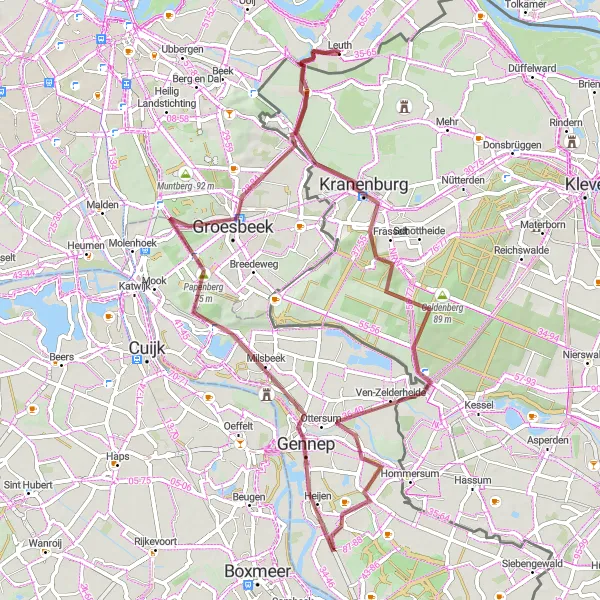 Miniatuurkaart van de fietsinspiratie "Gravel Route door Kranenburg en Gennep" in Gelderland, Netherlands. Gemaakt door de Tarmacs.app fietsrouteplanner