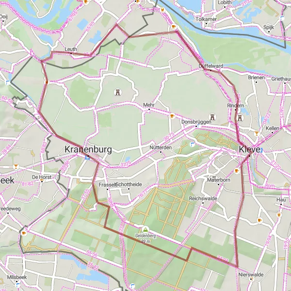 Map miniature of "Gravel Adventure in Leuth" cycling inspiration in Gelderland, Netherlands. Generated by Tarmacs.app cycling route planner