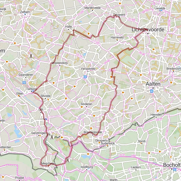 Map miniature of "The Rural Beauty of Achterhoek" cycling inspiration in Gelderland, Netherlands. Generated by Tarmacs.app cycling route planner