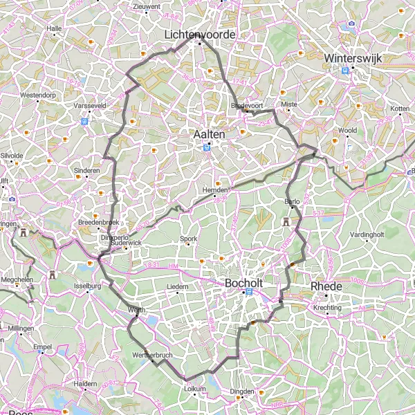 Map miniature of "Discover the Border Towns" cycling inspiration in Gelderland, Netherlands. Generated by Tarmacs.app cycling route planner