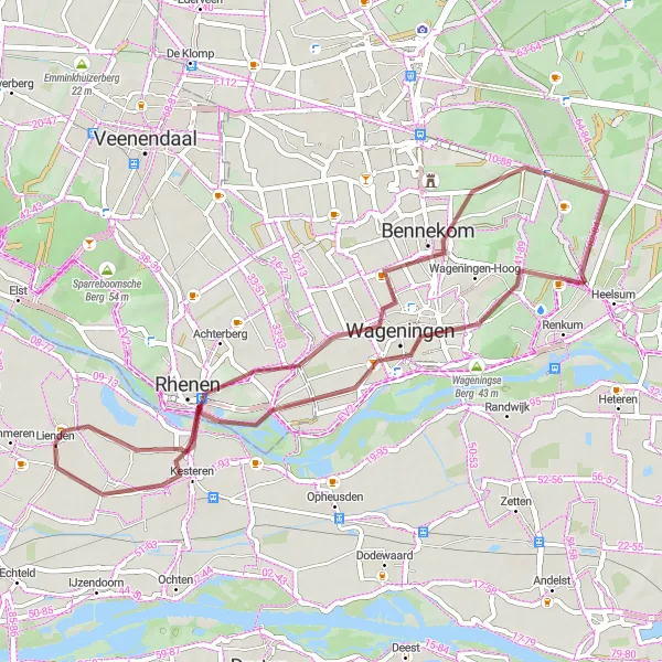 Miniatuurkaart van de fietsinspiratie "Verborgen Schatten van Wageningen en omgeving" in Gelderland, Netherlands. Gemaakt door de Tarmacs.app fietsrouteplanner