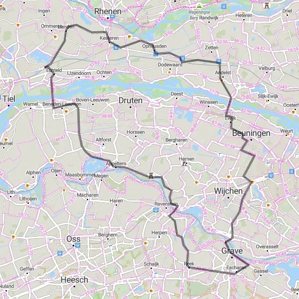 Map miniature of "Scenic Loop to Beneden-Leeuwen" cycling inspiration in Gelderland, Netherlands. Generated by Tarmacs.app cycling route planner