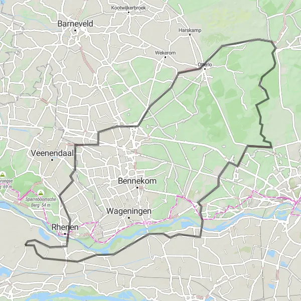 Map miniature of "The Rhenen Loop" cycling inspiration in Gelderland, Netherlands. Generated by Tarmacs.app cycling route planner