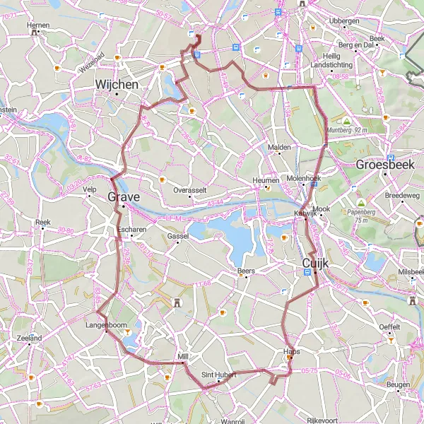 Map miniature of "Exploring Molenhoek by Gravel" cycling inspiration in Gelderland, Netherlands. Generated by Tarmacs.app cycling route planner