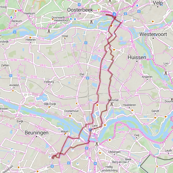 Miniatuurkaart van de fietsinspiratie "Gravelroute naar Sint-Jansberg, De Kinkelenburg en Veur Lent" in Gelderland, Netherlands. Gemaakt door de Tarmacs.app fietsrouteplanner