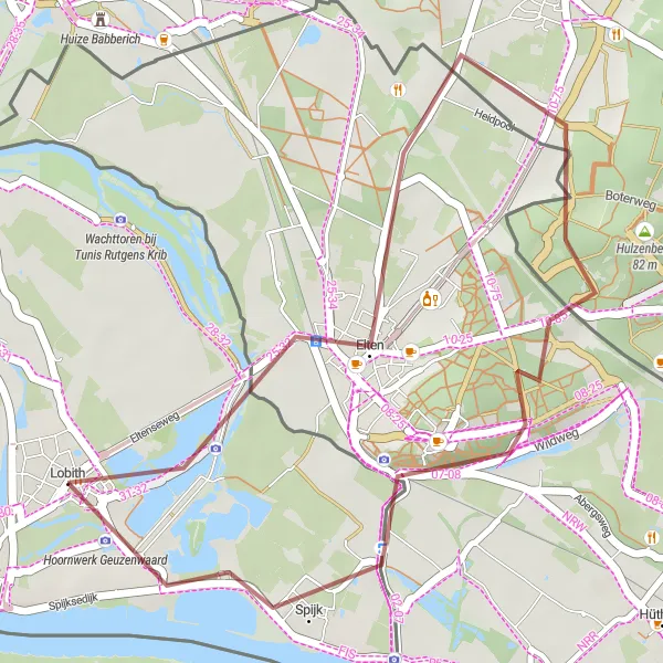 Map miniature of "Gravel round-trip from Lobith to Hulzenberg" cycling inspiration in Gelderland, Netherlands. Generated by Tarmacs.app cycling route planner