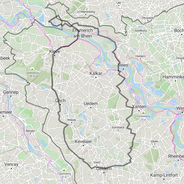 Map miniature of "Road round-trip from Lobith to Kleve" cycling inspiration in Gelderland, Netherlands. Generated by Tarmacs.app cycling route planner