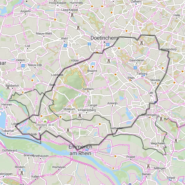 Map miniature of "Road round-trip from Lobith to Emmerich am Rhein" cycling inspiration in Gelderland, Netherlands. Generated by Tarmacs.app cycling route planner