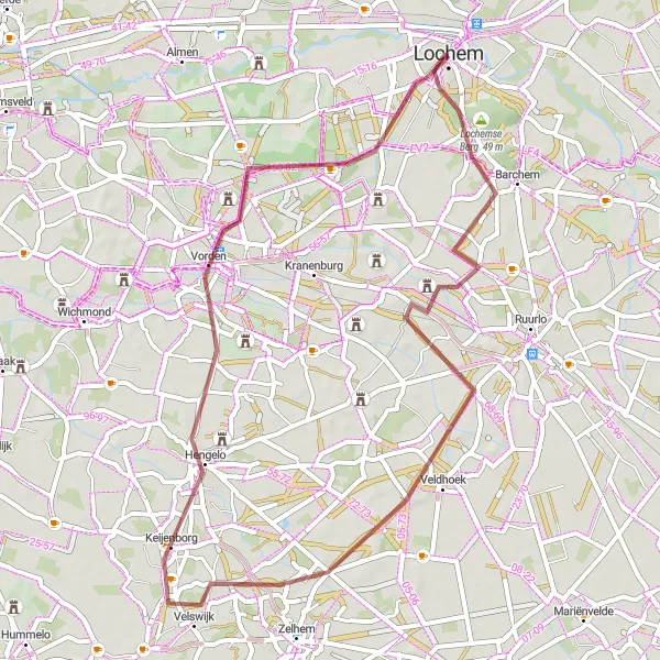 Map miniature of "Discovering Veldhoek and Hengelo" cycling inspiration in Gelderland, Netherlands. Generated by Tarmacs.app cycling route planner