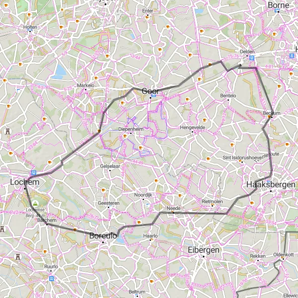 Map miniature of "Lochem and Surrounding Hills" cycling inspiration in Gelderland, Netherlands. Generated by Tarmacs.app cycling route planner