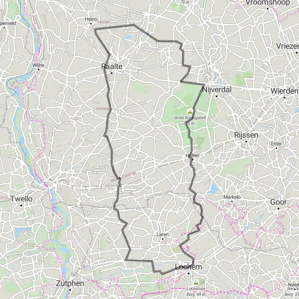 Map miniature of "Hills and Valleys of Harfsen and Holten" cycling inspiration in Gelderland, Netherlands. Generated by Tarmacs.app cycling route planner