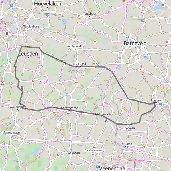 Map miniature of "Scenic Ride to De Glind and Lunteren" cycling inspiration in Gelderland, Netherlands. Generated by Tarmacs.app cycling route planner